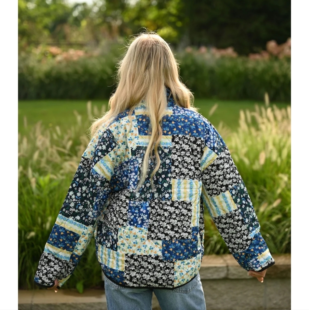 Floral Patchwork Quilted Lightweight Jacket Blue - image 3